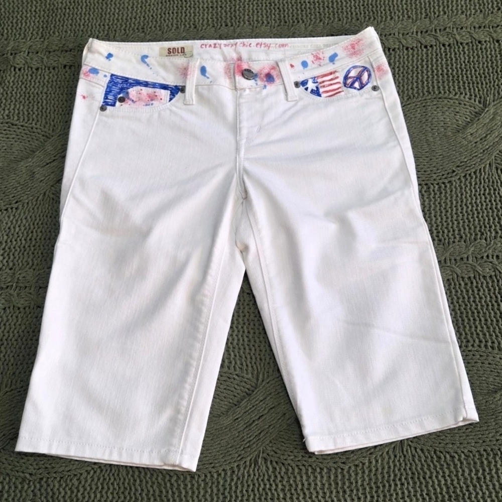 Sold Design Lab Denim Bermuda White Shorts Custom Paint America Patriotic